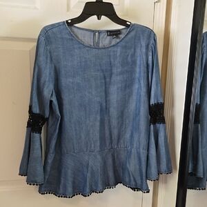Bobeau Blue Denim Blouse with Black Lace Accents
